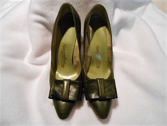 Vintage Green Leather Stiletto High Heeled Shoes P