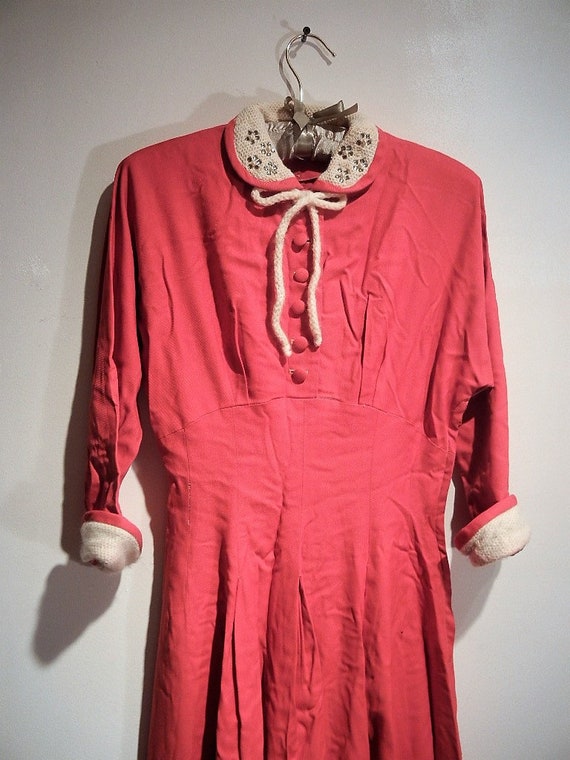 Vintage 1930's Red Wool Christmas Dress, With Rhi… - image 3
