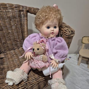 1960s  EFFANBEE reissued  vinyl &#39;Dy-Dee&#39; Baby Doll with curly hair - original clothes, teddy  and handknit jacket