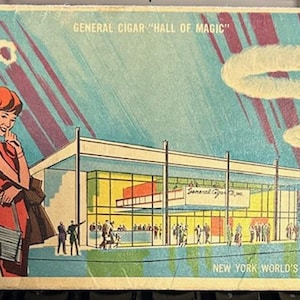 Vintage 1964-1965 New Yorker Weltausstellung „Allgemeine Cigar Hall of Magic“ Souvenir Postkartenordner (signiert von Jim Marshall)