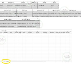 Modèle de suivi client PER pour entraîneur personnel | Moniteur de progression de la condition physique | Feuille de calcul Excel modifiable