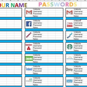 May include: A printable password tracker spreadsheet with a blue and light blue grid. The spreadsheet has columns for website, username, password, and notes. The spreadsheet includes logos for popular websites such as Yahoo, Facebook, Amazon, and PayPal.