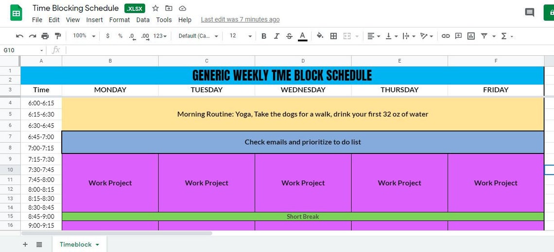Time Blocking Excel Sheet Editble Etsy