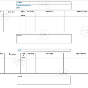 K&ouml;nnte beinhalten: Ein druckbares Trainingsprotokoll mit Abschnitten f&uuml;r Trainingsart, Ziel, &Uuml;bungen, S&auml;tze, Gewichte, Wiederholungen, Fortschritt und n&auml;chste Trainingseinheit. Es gibt zwei Abschnitte zum Protokollieren von Trainingseinheiten.