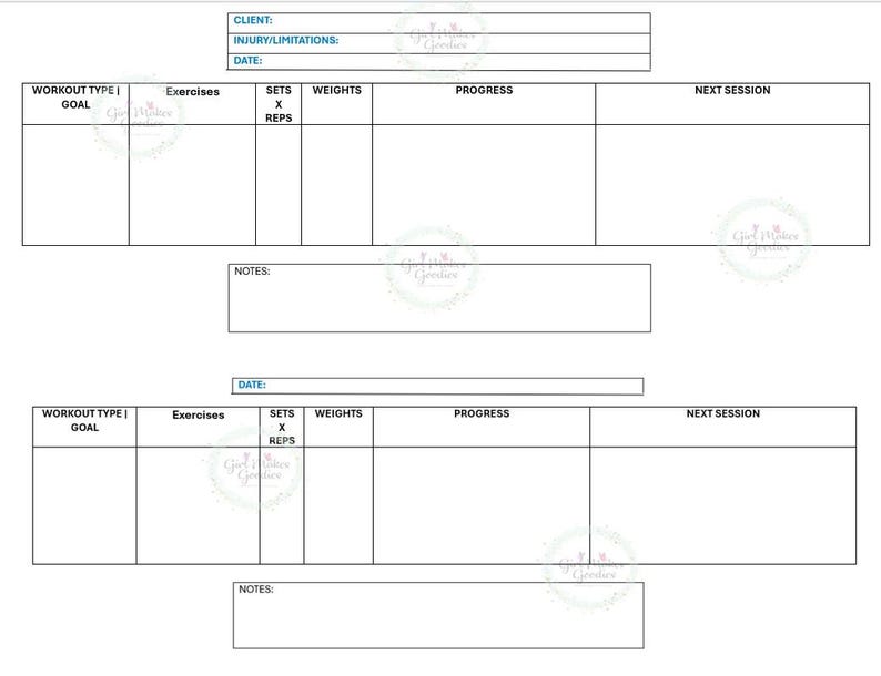 K&ouml;nnte beinhalten: Ein druckbares Trainingsprotokoll mit Abschnitten f&uuml;r Trainingsart, Ziel, &Uuml;bungen, S&auml;tze, Gewichte, Wiederholungen, Fortschritt und n&auml;chste Trainingseinheit. Es gibt zwei Abschnitte zum Protokollieren von Trainingseinheiten.
