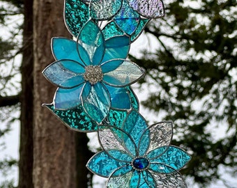 Stained Glass Panel with Blown Glass Hummingbird for Window Hanging or Patio Decor, Suncatcher with 3D Flower Window Ornament or Wall Decor