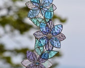 Stained Glass Panel, Blown Glass Hummingbird Suncatcher with 3D Flower,  Window Ornament, Wall Decor Rhinestone Mauve Blue Clear Iridescent
