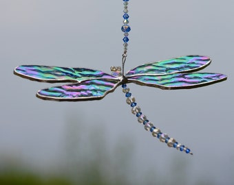 Stained Glass Dragonfly Suncatcher Garden Stake or Window Hanging, Gardener's Gift for Nature Lover, Dragonfly Ornament or Garden Art