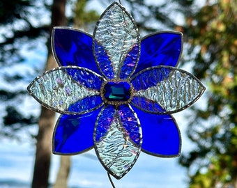 Stained Glass Flower Suncatcher with Crystal Ball, Stained Glass Panel Window Hanging Cobalt Blue and Iridescent Glass ~ Mother's Day Gift