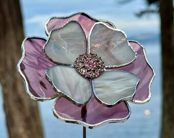 Stained Glass Flower Planter Decoration or Flower Garden Stake Perfect for Mother's Day Gift, Stained Glass Suncatcher Yard Art, Mom Gift