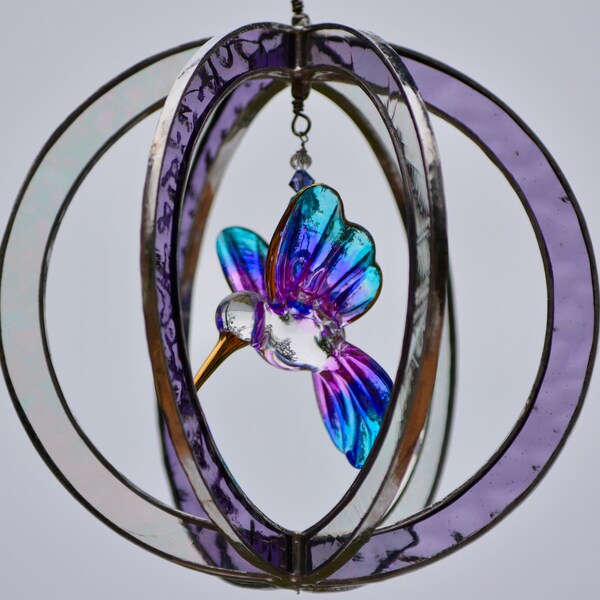 3D Stained Glass Suncatcher with Blown Glass Hummingbird in Lavender and Clear Iridescent Glass, Home Decor Patio or Window Decoration