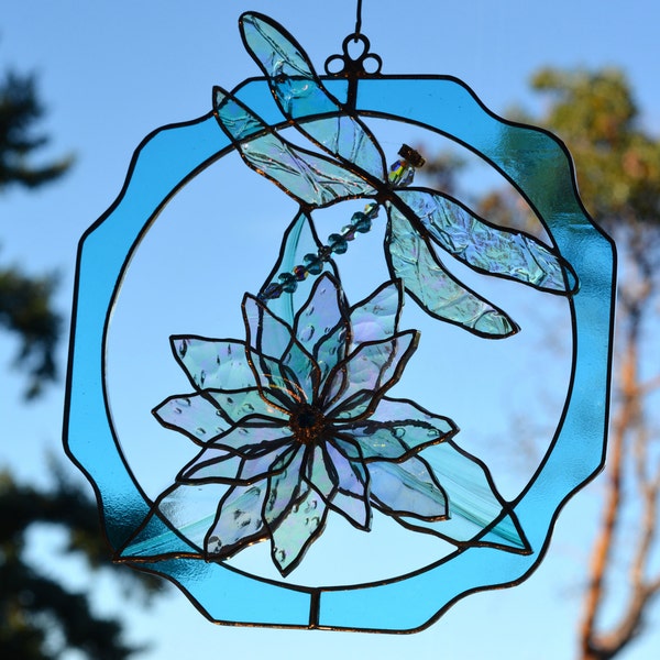 Dragonfly Stained Glass Panel with 3D Poinsettia Flower in Clear Iridescent Glass in Turquoise Blue Frame ~ Window Hanging Crystal Dragonfly