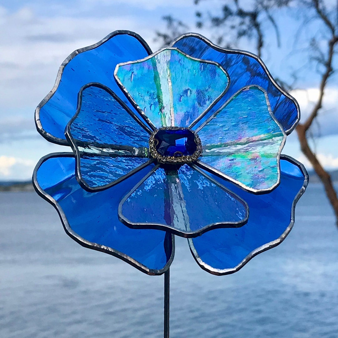 Stained Glass Flower Garden Art, Glass Flowers Garden Decor, Glass