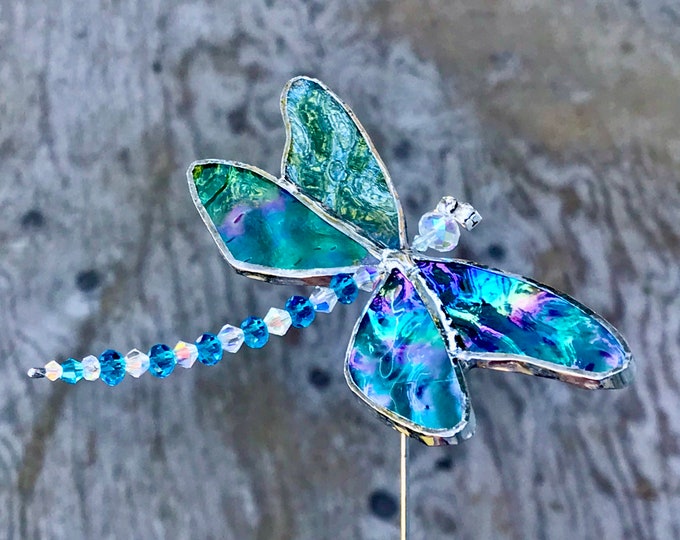 Stained Glass Dragonfly Plant Stake Planter Box Decor, Glass Dragonfly Garden Art or Yard Art
