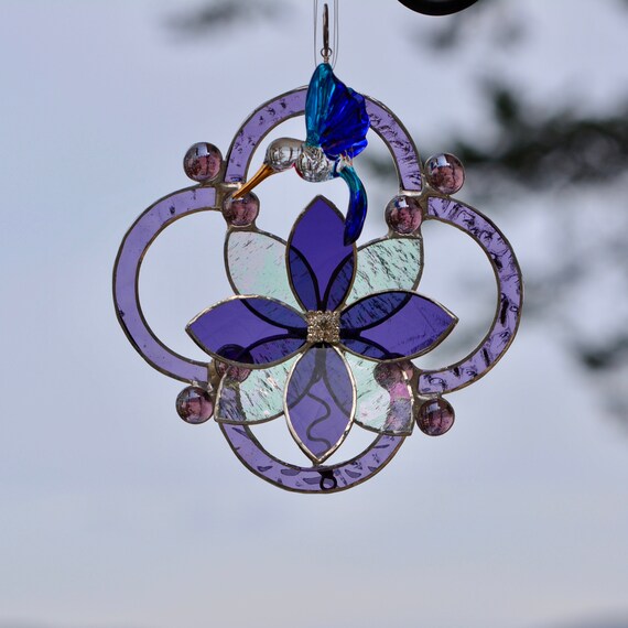 Stained Glass Panel With Hummingbird and 3D Flower for Window | Etsy