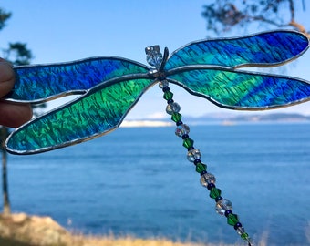 Stained Glass Dragonfly Suncatcher Window Hanging, Gardener's Gift for Nature Lover, Dragonfly Ornament Window or Patio Decoration