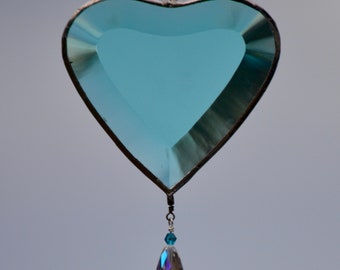 Beveled Heart Suncatcher with Crystal Icicle for Home Decor ~ Stained Glass Window or Patio Ornament, Heart Ornament ~ Bird Deterrent Prism