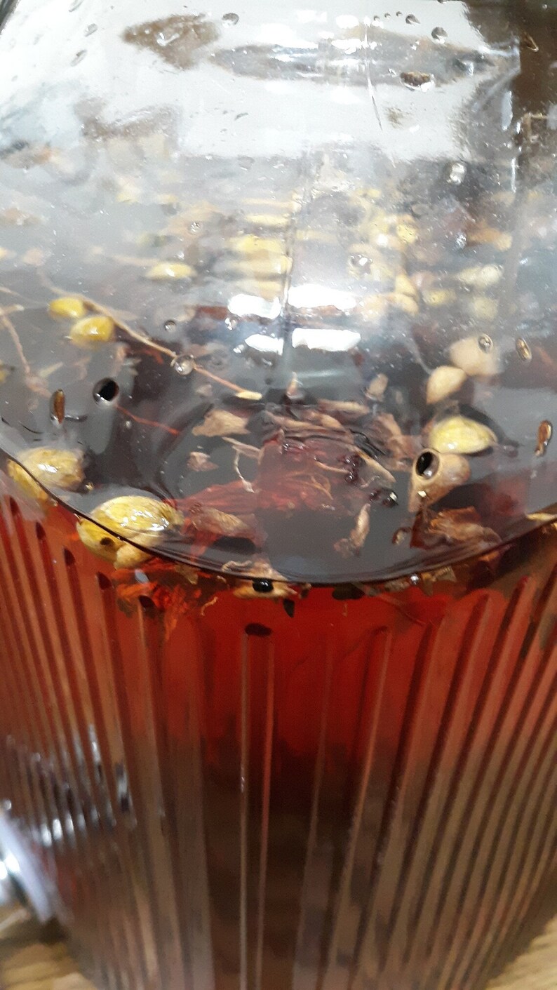 May include: A clear glass jar filled with a reddish-brown liquid and various herbs and spices. The jar has a ribbed design on the sides and is partially filled with dried leaves and seeds. The liquid appears to be infused with botanicals.