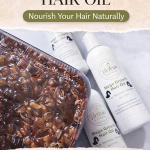 May include: White bottles of "Mega Growth Hair Oil" with a clear container of herbal ingredients. The image includes text that reads "Herbal-Based Hair Oil" and "Nourish Your Hair Naturally". The product is carefully handcrafted and botanically infused.
