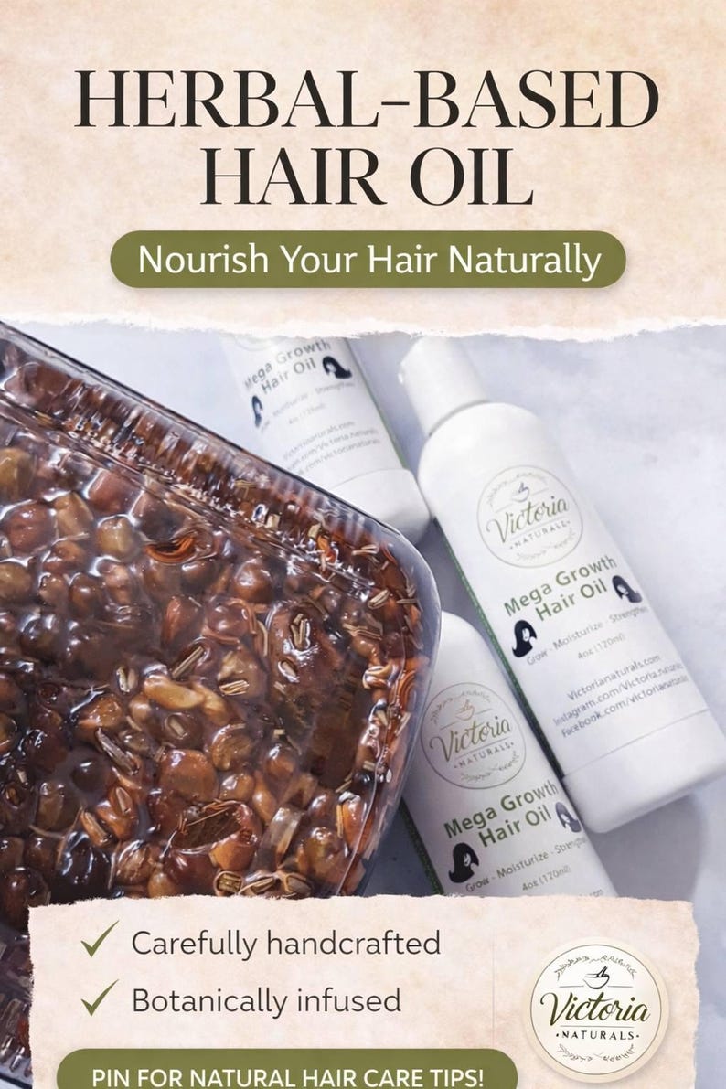 May include: White bottles of "Mega Growth Hair Oil" with a clear container of herbal ingredients. The image includes text that reads "Herbal-Based Hair Oil" and "Nourish Your Hair Naturally". The product is carefully handcrafted and botanically infused.
