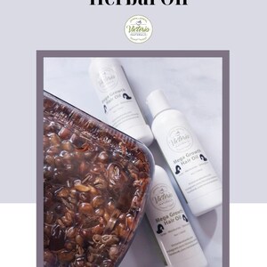 May include: An overhead shot of three white bottles of "Mega Growth Hair Oil" and a clear container filled with brown seeds. The bottles have black text and a logo. The image also includes the text "Hair and Body Herbal Oil" and "Victorianaturals.com".