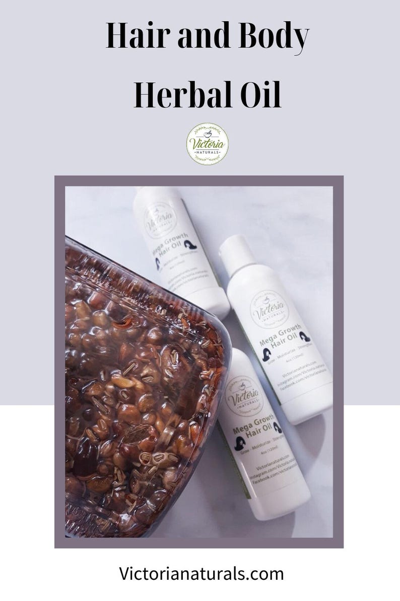 May include: An overhead shot of three white bottles of "Mega Growth Hair Oil" and a clear container filled with brown seeds. The bottles have black text and a logo. The image also includes the text "Hair and Body Herbal Oil" and "Victorianaturals.com".