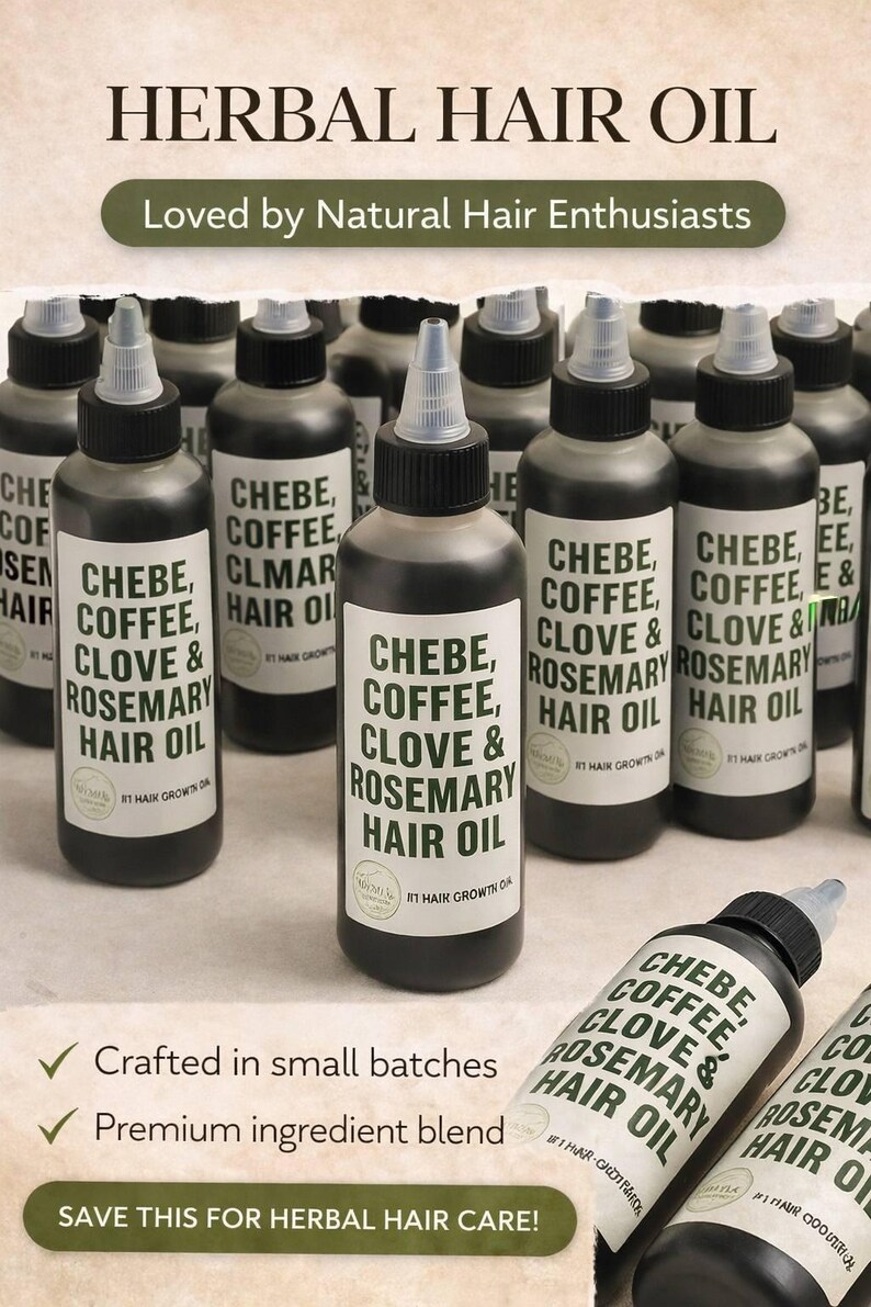 May include: Bottles of herbal hair oil with the text "CHEBE, COFFEE, CLOVE & ROSEMARY HAIR OIL." The bottles are dark with white labels and a clear applicator tip. The image also includes the text "Loved by Natural Hair Enthusiasts."
