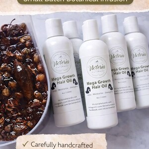 May include: White bottles of "Mega Growth Hair Oil" with a logo, alongside a container of herbal ingredients. The bottles are 4oz (120ml). Text reads "Herbal Hair Oil" and "Small Batch Botanical Infusion".