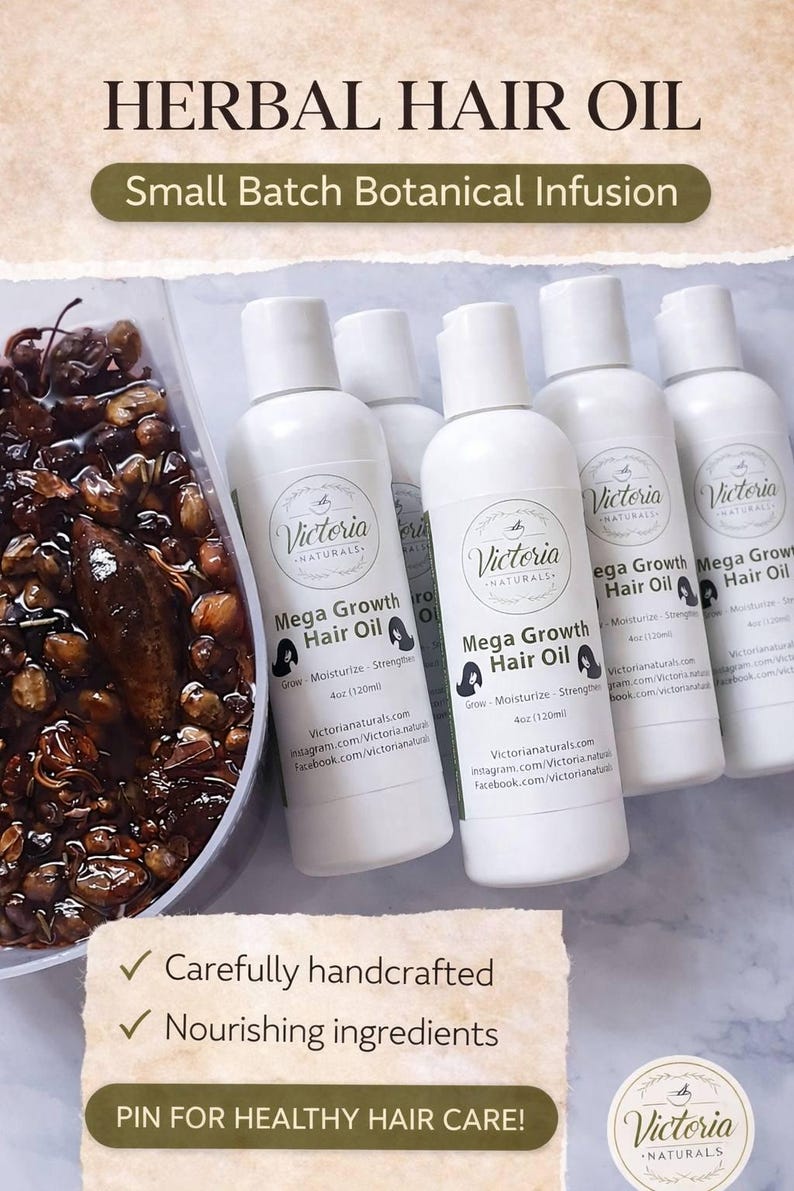 May include: White bottles of "Mega Growth Hair Oil" with a logo, alongside a container of herbal ingredients. The bottles are 4oz (120ml). Text reads "Herbal Hair Oil" and "Small Batch Botanical Infusion".