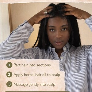 May include: Image showing steps for applying herbal hair oil. Text reads: "How to Apply Herbal Hair Oil." Steps include parting hair, applying oil to the scalp, and massaging. The image also includes the text "Save this for your hair routine!" and a logo.
