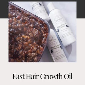 May include: An image featuring a clear container filled with brown seeds, alongside three white bottles of "Mega Growth Hair Oil." The bottles have a black silhouette of a woman and the text "Victoria Naturals." The words "Fast Hair Growth Oil" and "victorianaturals.com" are also visible.