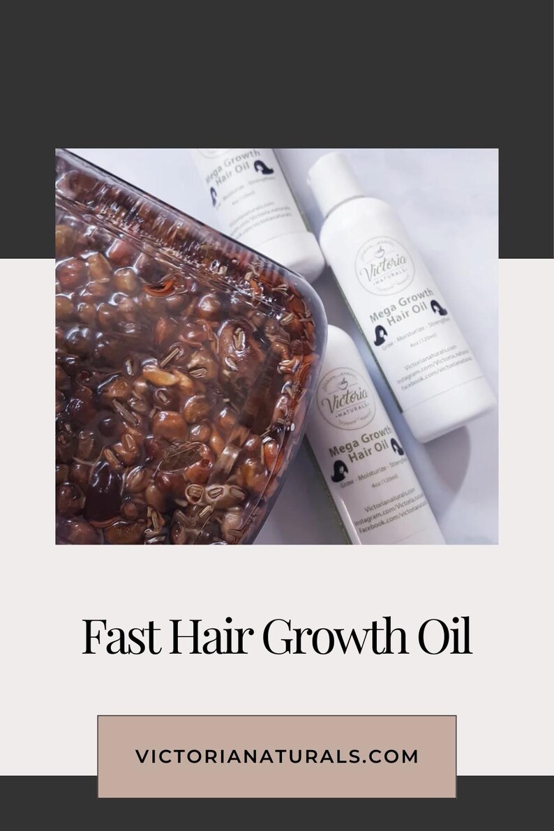 May include: An image featuring a clear container filled with brown seeds, alongside three white bottles of "Mega Growth Hair Oil." The bottles have a black silhouette of a woman and the text "Victoria Naturals." The words "Fast Hair Growth Oil" and "victorianaturals.com" are also visible.