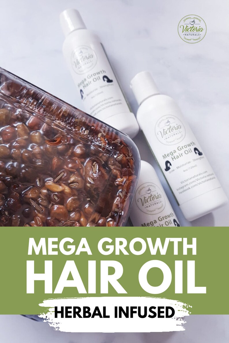 May include: White bottles of Mega Growth Hair Oil with a clear container of herbal ingredients. The bottles have black text and a logo. The image also includes the text "Mega Growth Hair Oil Herbal Infused."