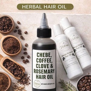 May include: An image of herbal hair oil products. A large black bottle with a white label that reads "Chebe, Coffee, Clove & Rosemary Hair Oil" is centered. Two smaller white bottles are to the right. Wooden scoops and bowls of ingredients surround the bottles.