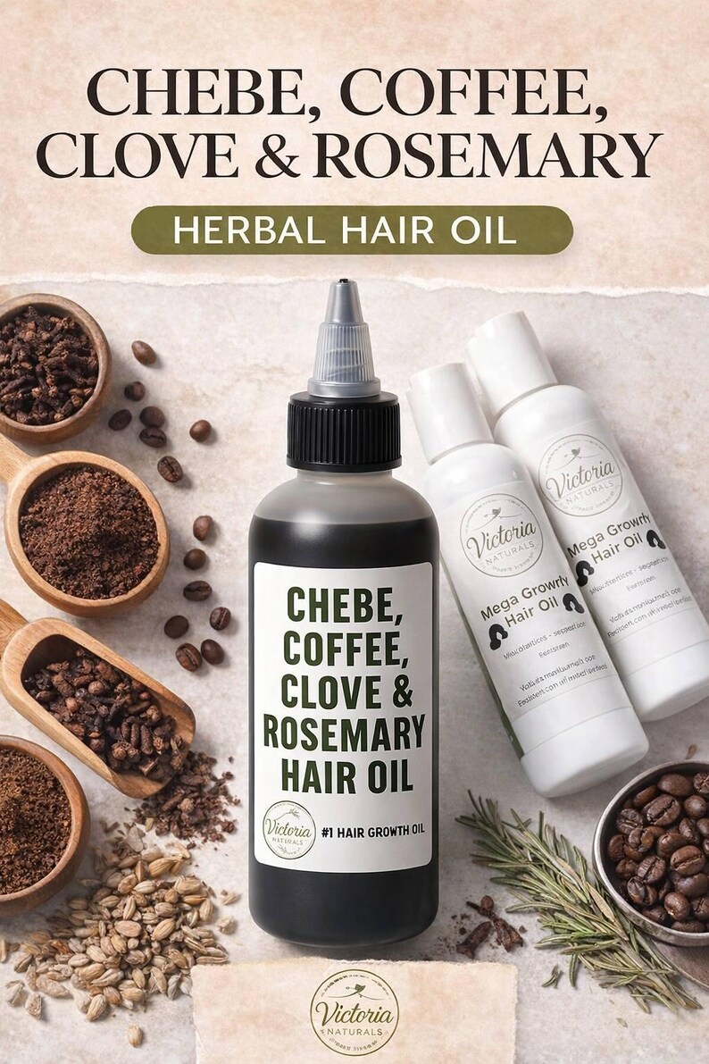 May include: An image of herbal hair oil products. A large black bottle with a white label that reads "Chebe, Coffee, Clove & Rosemary Hair Oil" is centered. Two smaller white bottles are to the right. Wooden scoops and bowls of ingredients surround the bottles.