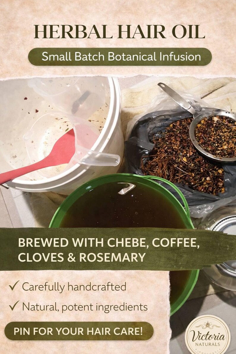 May include: Image of herbal hair oil ingredients and preparation. The text reads "HERBAL HAIR OIL" and "Small Batch Botanical Infusion". Ingredients include chebe, coffee, cloves, and rosemary. The text also says "Carefully handcrafted" and "Natural, potent ingredients".