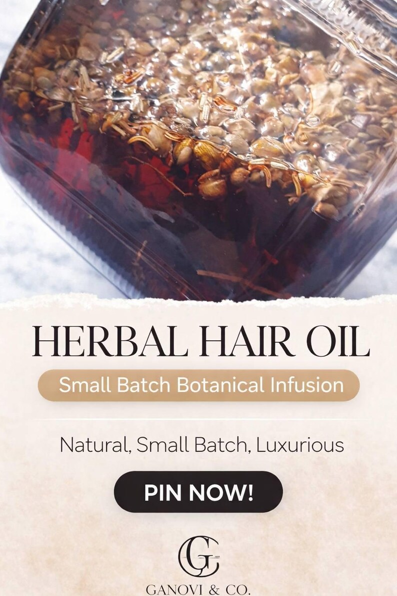 May include: A clear glass jar filled with herbal hair oil. The oil is a dark amber color, and the jar contains various dried herbs and botanicals. Text on the image reads "HERBAL HAIR OIL" and "Small Batch Botanical Infusion."
