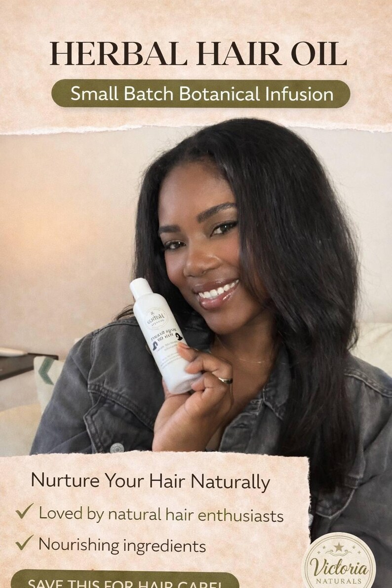 May include: A woman smiles while holding a white bottle of herbal hair oil. The bottle has a label with text. The image includes text that reads "HERBAL HAIR OIL" and "Nurture Your Hair Naturally".