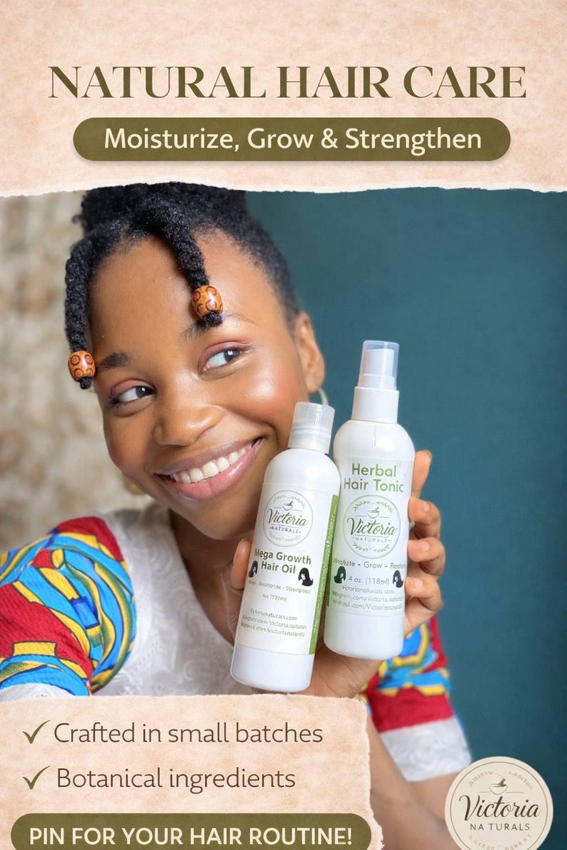 May include: A woman smiles, holding two white bottles of Victoria Naturals hair care products. One is Mega Growth Hair Oil, the other Herbal Hair Tonic. The image includes text: "Moisturize, Grow & Strengthen" and "Crafted in small batches, Botanical ingredients."