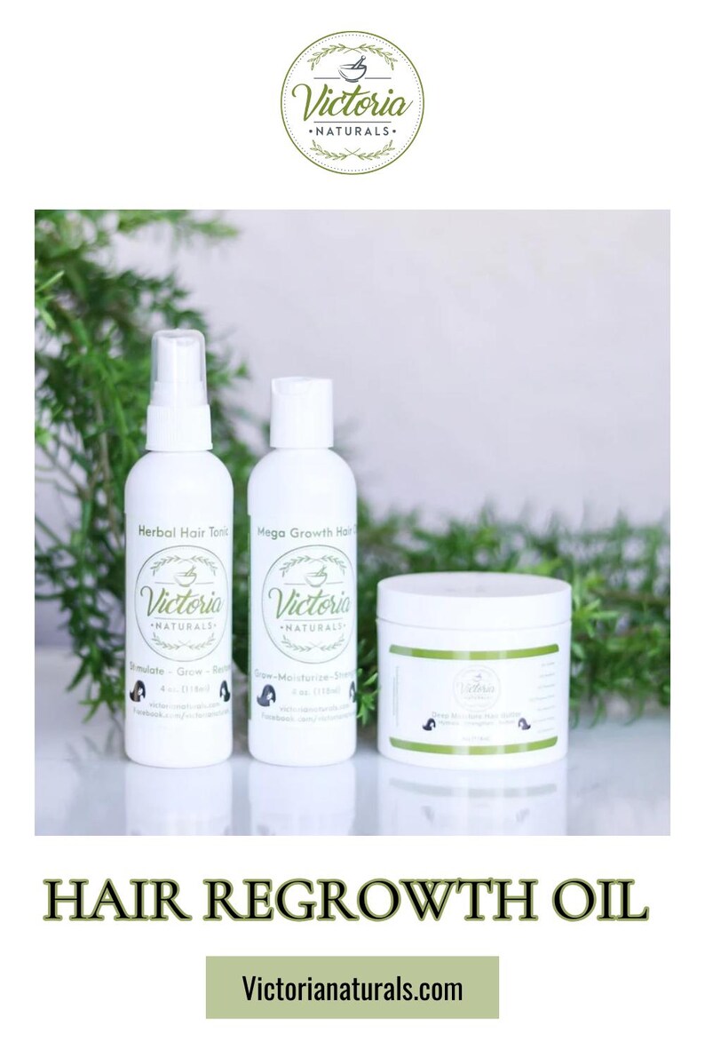 May include: Three white bottles and a jar of hair products from Victoria Naturals. The bottles are labeled "Herbal Hair Tonic" and "Mega Growth Hair". The jar is labeled "Olive Oil Hair Growth". The text "HAIR REGROWTH OIL" is at the bottom.