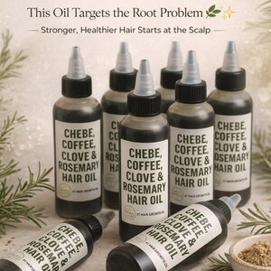 May include: An image showcases multiple bottles of hair oil, labeled "CHEBE, COFFEE, CLOVE & ROSEMARY HAIR OIL." The bottles are black with white labels. The text "Hair Not Growing No Matter What You Try?" is at the top. Other ingredients and accessories are also visible.