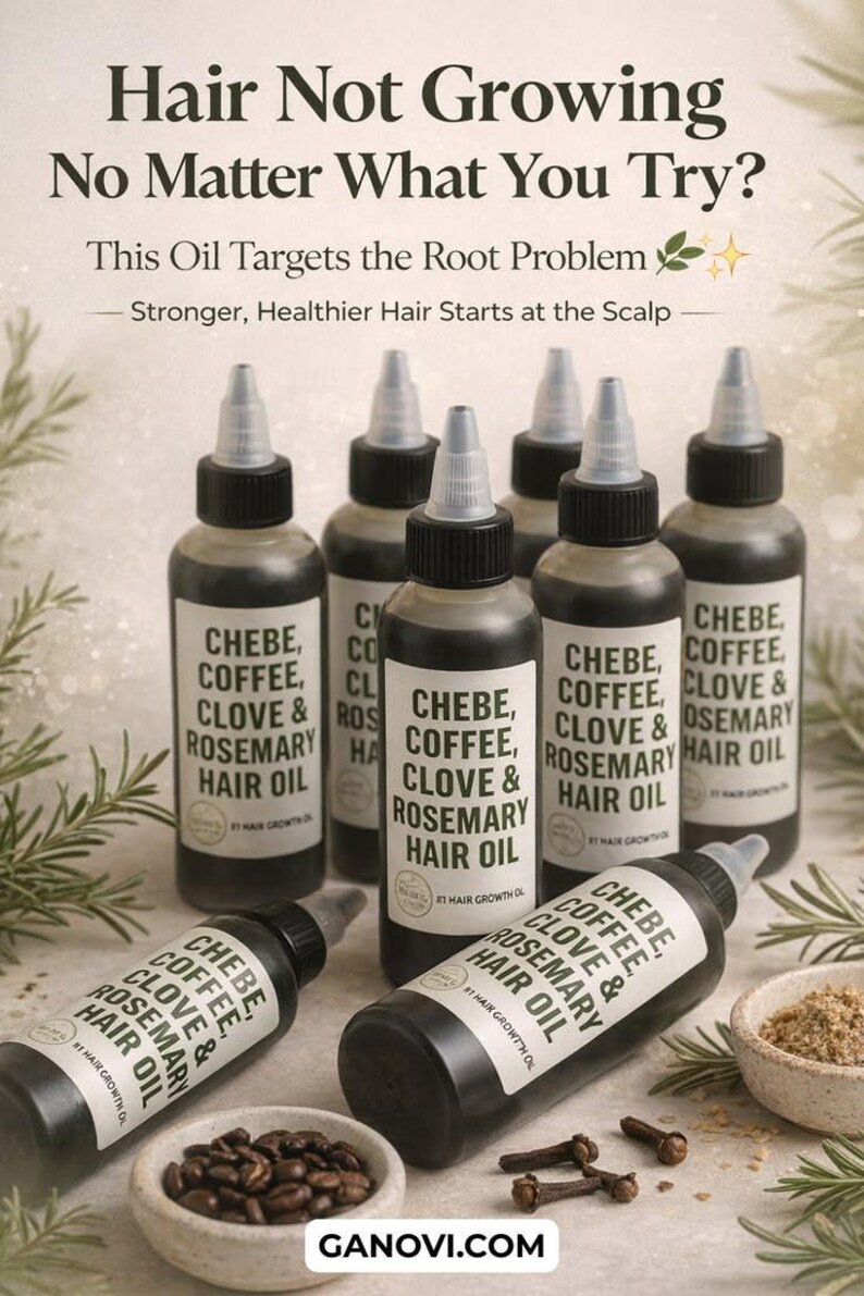 May include: An image showcases multiple bottles of hair oil, labeled "CHEBE, COFFEE, CLOVE & ROSEMARY HAIR OIL." The bottles are black with white labels. The text "Hair Not Growing No Matter What You Try?" is at the top. Other ingredients and accessories are also visible.