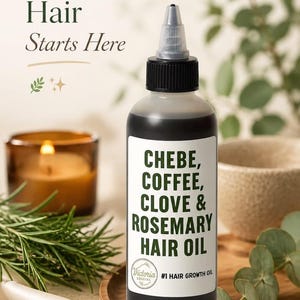 May include: A bottle of hair oil with a black liquid and a white label. The label reads "CHEBE, COFFEE, CLOVE & ROSEMARY HAIR OIL". The text "Healthy Hair Starts Here" is at the top. A candle and greenery are in the background.