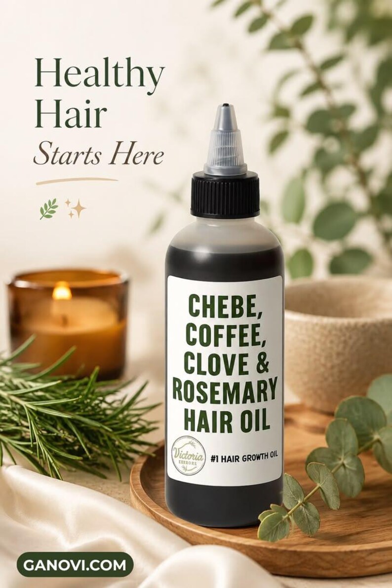 May include: A bottle of hair oil with a black liquid and a white label. The label reads "CHEBE, COFFEE, CLOVE & ROSEMARY HAIR OIL". The text "Healthy Hair Starts Here" is at the top. A candle and greenery are in the background.