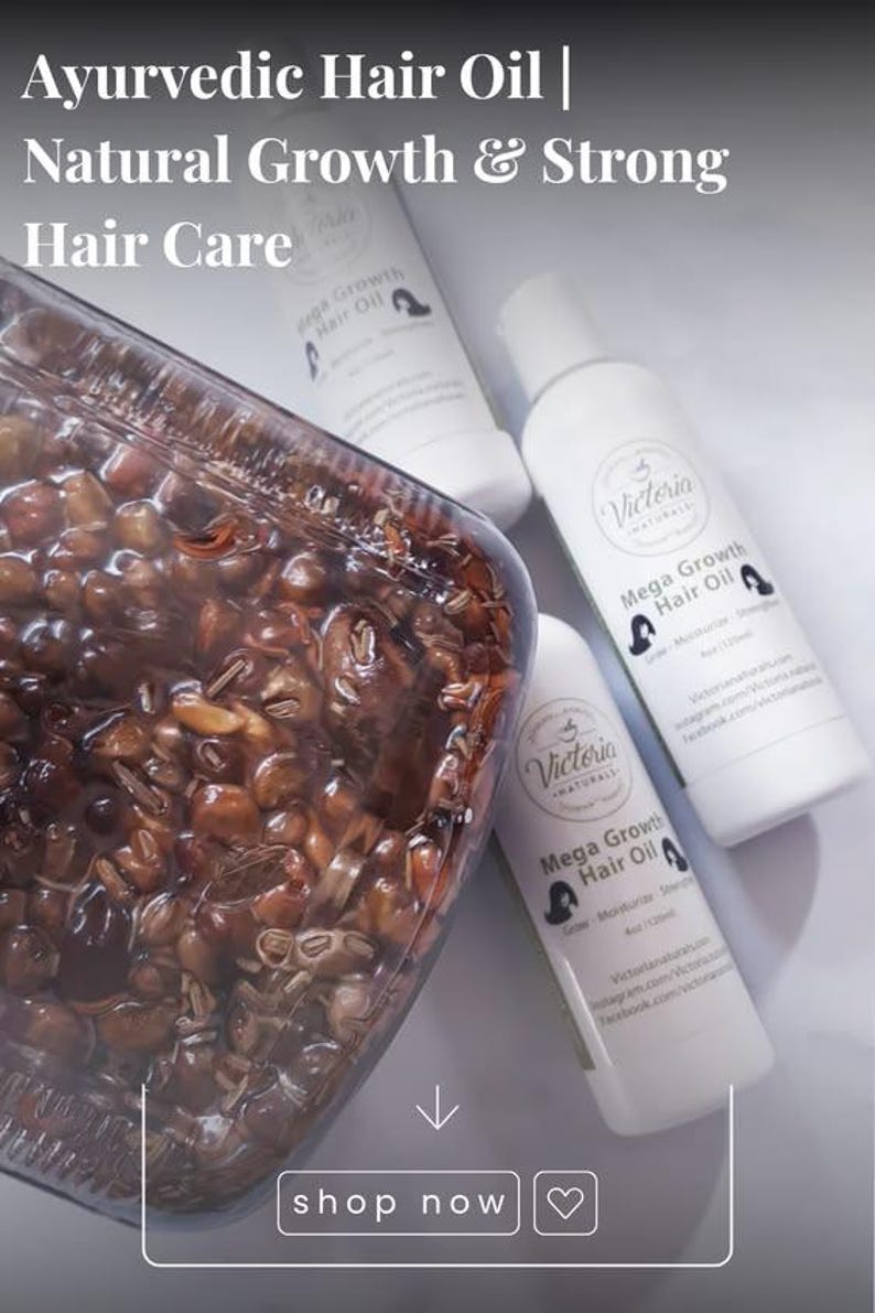 May include: Image of Ayurvedic hair care products. The image features three white bottles of "Mega Growth Hair Oil" and a clear container filled with brown seeds. Text on the bottles includes "Grow, Moisturize, Strengthen". The text "Ayurvedic Hair Oil | Natural Growth & Strong Hair Care" is at the top.