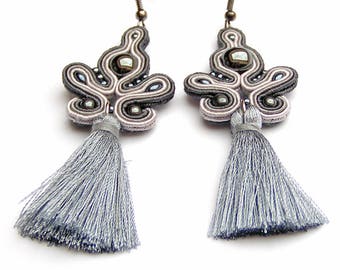 Gray Comet Soutache earrings Tassel earrings Gray earrings Boho earrings Soutache jwelry Gift for woman Dangle earrings