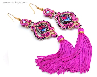 Fúcsia senhora soutache brincos borla brincos longos brincos de declaração grandes boho brincos de casamento para mulher soutache jóias