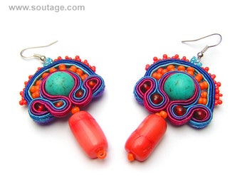 Palenque Soutache earrings Turquoise earrings Coral earrings Colorful earrings Statement earrings Boho earrings Soutache jewelry