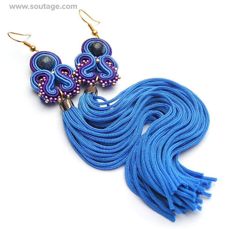 Azure Dragon Soutache earrings Very long tassel earrings Blue boho earrings Soutache jewelry Wedding earrings Gift for woman