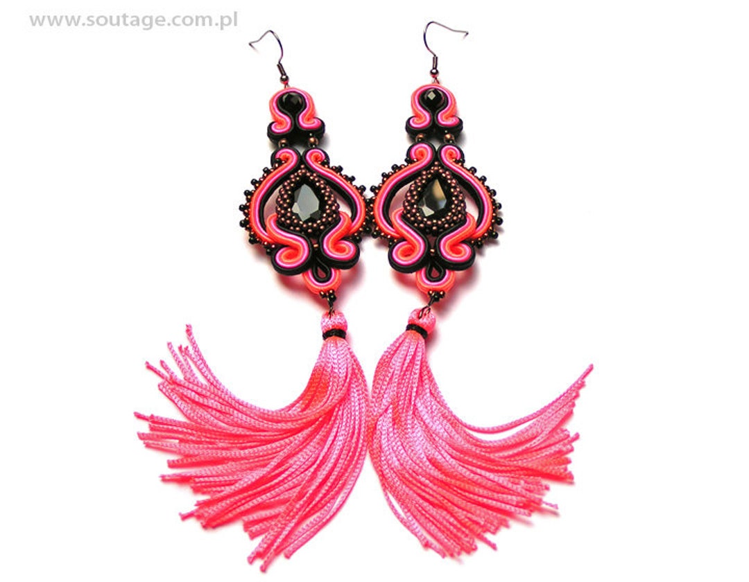 Pink Black Lady Soutache Tassel Earrings Long Statement Big Boho ...